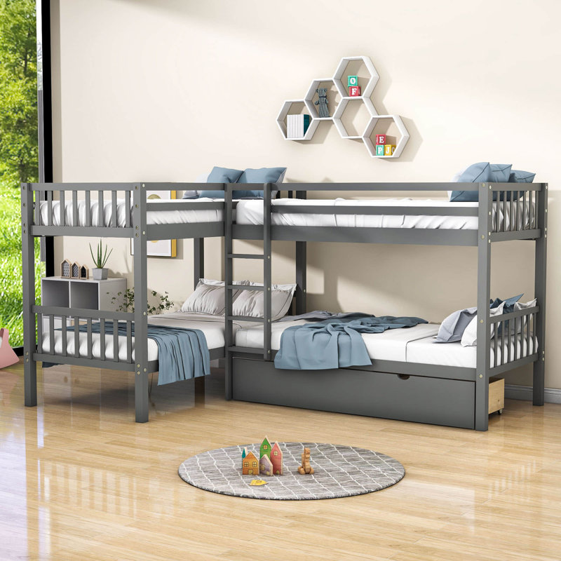 Harriet Bee Twin Over Twin Wooden L Shaped Bunk Beds Quad Bed Frame Reviews Wayfair